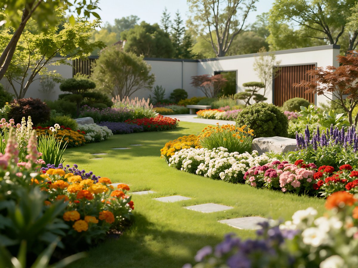 A contemporary garden with square stepping stones on a lush green lawn bordered by flowering beds