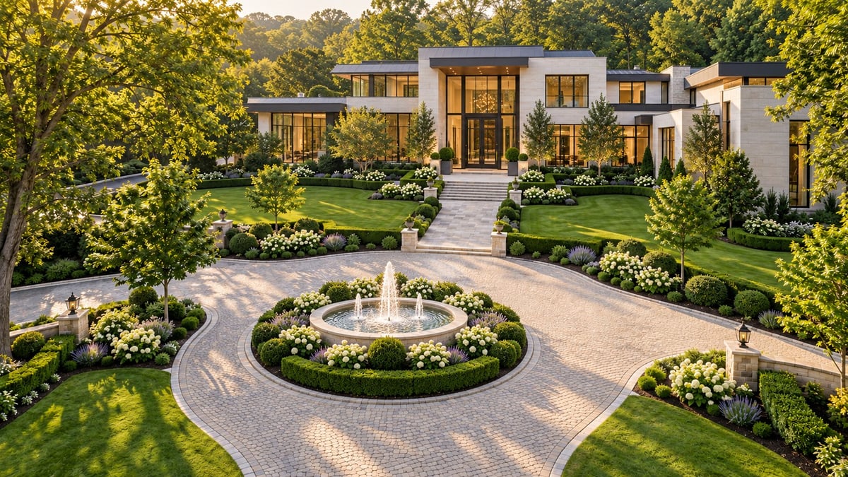 A modern luxury estate featuring a stone fountain courtyard, manicured lawn and a tiered paver driveway